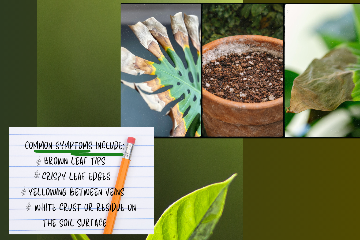 Common symptoms of fertilizer burn — brown leaf tips, crispy edges, yellowing between veins, white crust on soil