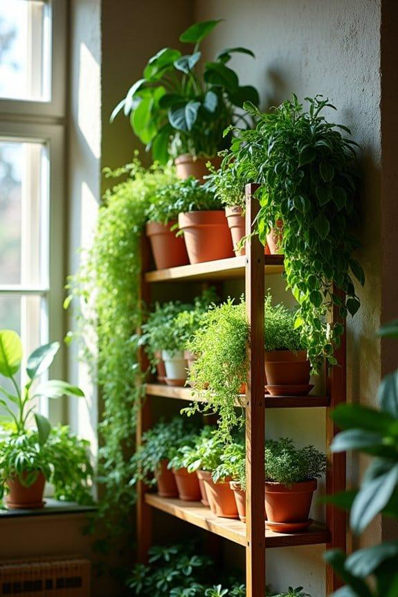 Indoor plant collection on shelves — creating conditions where pests are less likely to multiply