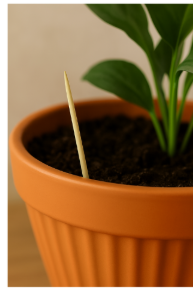 Using a wooden skewer to check soil moisture deeper in the pot
